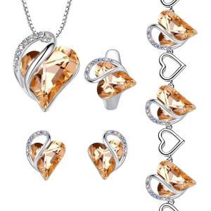 Leafael Infinity Love Heart Necklace, Stud Earrings, Bracelet, and Ring Set, Healing Stone for Energy Crystal Jewelry, Silver Tone Gifts for Women, Carnelian Orange