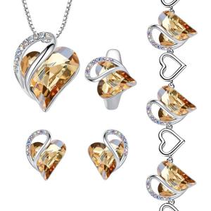 Leafael Infinity Love Heart Necklace, Stud Earrings, Bracelet, and Ring Set, Healing Stone for Power Crystal Jewelry, Silver Tone Gifts for Women, Golden Yellow Shade