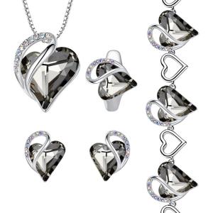 Leafael Infinity Love Heart Necklace, Stud Earrings, Bracelet, and Ring Set, Healing Stone for Protection Crystal Jewelry, Silver Tone Bundle Gifts for Women, Crystal Black