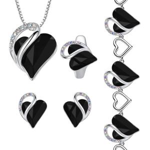 Leafael Infinity Love Heart Necklace, Stud Earrings, Bracelet, and Ring Set, Healing Stone for Protection Crystal Jewelry, Silver Tone Gifts for Women, Jet Black