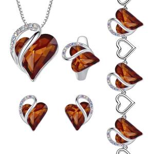 Leafael Infinity Love Heart Necklace, Stud Earrings, Bracelet, and Ring Set, Healing Stone for Stress Relief Crystal Jewelry, Silver Tone Gifts for Women, Dark Topaz Brown
