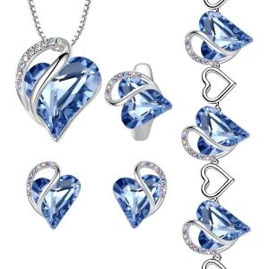Leafael Infinity Love Heart Necklace, Stud Earrings, Bracelet, and Ring Set, March Birthstone Crystal Jewelry, Silver Tone Gifts for Women, Light Sapphire Blue