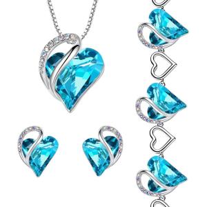 Leafael Infinity Love Heart Necklace, Stud Earrings, and Bracelet for Women, December Birthstone Crystal Jewelry, Silver Tone Gifts for Women, Turquoise Aquamarine Blue