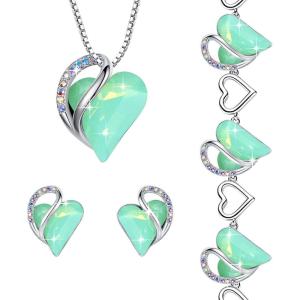 Leafael Infinity Love Heart Necklace, Stud Earrings, and Bracelet for Women, Healing Stone for Luck Crystal Jewelry, Silver Tone Gifts for Women, Opal Green