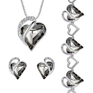 Leafael Infinity Love Heart Necklace, Stud Earrings, and Bracelet for Women, Healing Stone for Protection Crystal Jewelry, Silver Tone Bundle Gifts for Women, Crystal Black