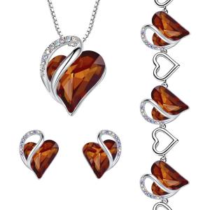 Leafael Infinity Love Heart Necklace, Stud Earrings, and Bracelet for Women, Healing Stone for Stress Relief Crystal Jewelry, Silver Tone Gifts for Women, Dark Topaz Brown
