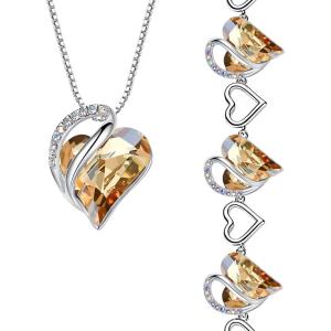 Leafael Infinity Love Heart Necklace and Bracelet for Women, Healing Stone for Power Crystal Jewelry, Silver Tone Bundle Gifts for Women, Golden Yellow Shade