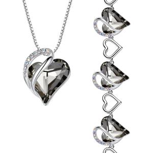 Leafael Infinity Love Heart Necklace and Bracelet for Women, Healing Stone for Protection Crystal Jewelry, Silver Tone Bundle Gifts for Women, Crystal Black