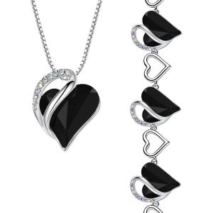 Leafael Infinity Love Heart Necklace and Bracelet for Women, Healing Stone for Protection Crystal Jewelry, Silver Tone Bundle Gifts for Women, Jet Black