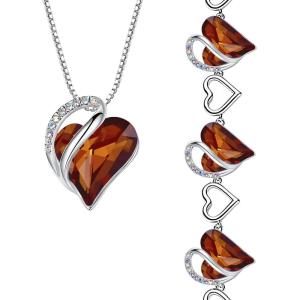 Leafael Infinity Love Heart Necklace and Bracelet for Women, Healing Stone for Stress Relief Crystal Jewelry, Silver Tone Bundle Gifts for Women, Dark Topaz Brown