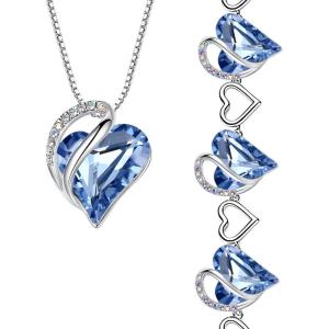 Leafael Infinity Love Heart Necklace and Bracelet for Women, March Birthstone Crystal Jewelry, Silver Tone Bundle Gifts for Women, Light Sapphire Blue