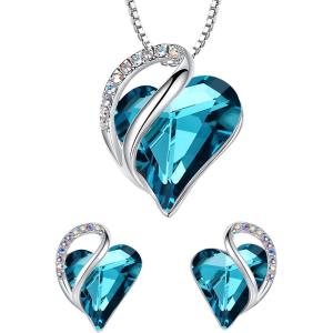 Leafael Infinity Love Heart Necklace and Stud Earrings for Women, December Birthstone Crystal Jewelry, Silver Tone Bundle Gifts for Women, Indicolite Zircon Blue