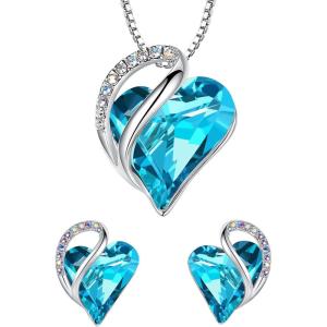 Leafael Infinity Love Heart Necklace and Stud Earrings for Women, December Birthstone Crystal Jewelry, Silver Tone Bundle Gifts for Women, Turquoise Aquamarine Blue
