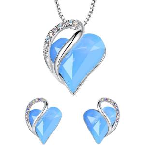 Leafael Infinity Love Heart Necklace and Stud Earrings for Women, Healing Stone for Communication Crystal Jewelry, Silver Tone Bundle Gifts for Women, Owyhee Opal Blue