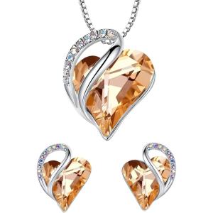 Leafael Infinity Love Heart Necklace and Stud Earrings for Women, Healing Stone for Energy Crystal Jewelry, Silver Tone Bundle Gifts for Women, Carnelian Orange