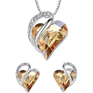Leafael Infinity Love Heart Necklace and Stud Earrings for Women, Healing Stone for Power Crystal Jewelry, Silver Tone Bundle Gifts for Women, Golden Yellow Shade