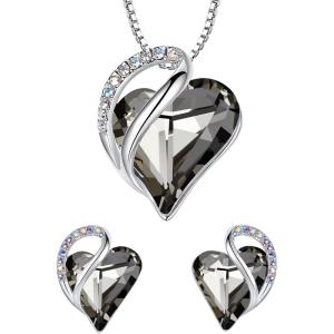 Leafael Infinity Love Heart Necklace and Stud Earrings for Women, Healing Stone for Protection Crystal Jewelry, Silver Tone Bundle Gifts for Women, Crystal Black