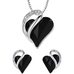 Leafael Infinity Love Heart Necklace and Stud Earrings for Women, Healing Stone for Protection Crystal Jewelry, Silver Tone Bundle Gifts for Women, Jet Black