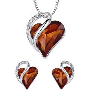 Leafael Infinity Love Heart Necklace and Stud Earrings for Women, Healing Stone for Stress Relief Crystal Jewelry, Silver Tone Bundle Gifts for Women, Dark Topaz Brown
