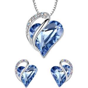 Leafael Infinity Love Heart Necklace and Stud Earrings for Women, March Birthstone Crystal Jewelry, Silver Tone Bundle Gifts for Women, Light Sapphire Blue