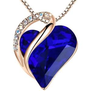 Leafael Rose Gold Plated Necklace for Women: Heart Shaped Birthstone/Healing Crystals Center, Dazzling Cubic Zirconia, Hypoallergenic Chain (18″+2″), Jewelry Gifts for Anniversaries and Birthdays(29a – Dark Sapphire Blue)