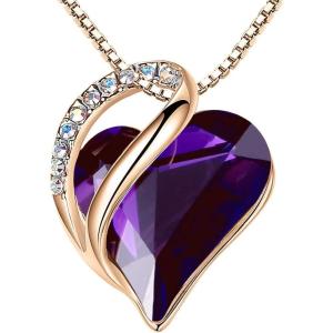 Leafael Rose Gold Plated Necklace for Women: Heart Shaped Birthstone/Healing Crystals Center, Dazzling Cubic Zirconia, Hypoallergenic Chain (18″+2″), Jewelry Gifts for Anniversaries and Birthdays(22 – February – Dark Amethyst Pink)
