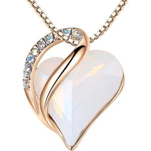 Leafael Rose Gold Plated Necklace for Women: Heart Shaped Birthstone/Healing Crystals Center, Dazzling Cubic Zirconia, Hypoallergenic Chain (18″+2″), Jewelry Gifts for Anniversaries and Birthdays(24b – April – Opal White)