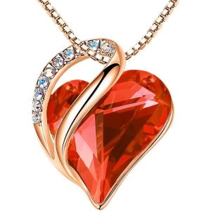 Leafael Rose Gold Plated Necklace for Women: Heart Shaped Birthstone/Healing Crystals Center, Dazzling Cubic Zirconia, Hypoallergenic Chain (18″+2″), Jewelry Gifts for Anniversaries and Birthdays(21 – Jan & July – Carnelian Red)