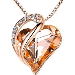 Leafael Rose Gold Plated Necklace for Women: Heart Shaped Birthstone/Healing Crystals Center, Dazzling Cubic Zirconia, Hypoallergenic Chain (18″+2″), Jewelry Gifts for Anniversaries and Birthdays(34 – Healing Stone for Happiness – Light Orange)