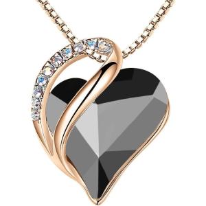 Leafael Rose Gold Plated Necklace for Women: Heart Shaped Birthstone/Healing Crystals Center, Dazzling Cubic Zirconia, Hypoallergenic Chain (18″+2″), Jewelry Gifts for Anniversaries and Birthdays(33a – Healing Stone for Protection – Tourmaline Metal Black)