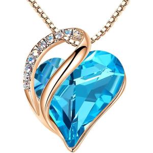 Leafael Rose Gold Plated Necklace for Women: Heart Shaped Birthstone/Healing Crystals Center, Dazzling Cubic Zirconia, Hypoallergenic Chain (18″+2″), Jewelry Gifts for Anniversaries and Birthdays(32 – December – Turquoise Aquamarine Blue)