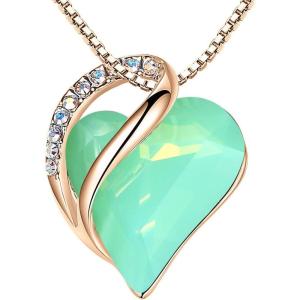 Leafael Rose Gold Plated Necklace for Women: Heart Shaped Birthstone/Healing Crystals Center, Dazzling Cubic Zirconia, Hypoallergenic Chain (18″+2″), Jewelry Gifts for Anniversaries and Birthdays(35 – Healing Stone for Luck – Jade Opal Green)