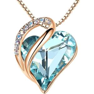 Leafael Rose Gold Plated Necklace for Women: Heart Shaped Birthstone/Healing Crystals Center, Dazzling Cubic Zirconia, Hypoallergenic Chain (18″+2″), Jewelry Gifts for Anniversaries and Birthdays(23 – March – Topaz Light Blue)