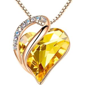 Leafael Rose Gold Plated Necklace for Women: Heart Shaped Birthstone/Healing Crystals Center, Dazzling Cubic Zirconia, Hypoallergenic Chain (18″+2″), Jewelry Gifts for Anniversaries and Birthdays(31 – November – Citrine Yellow)