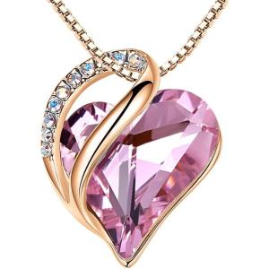 Leafael Rose Gold Plated Necklace for Women: Heart Shaped Birthstone/Healing Crystals Center, Dazzling Cubic Zirconia, Hypoallergenic Chain (18″+2″), Jewelry Gifts for Anniversaries and Birthdays(30 – October – Rose Quartz Pink)