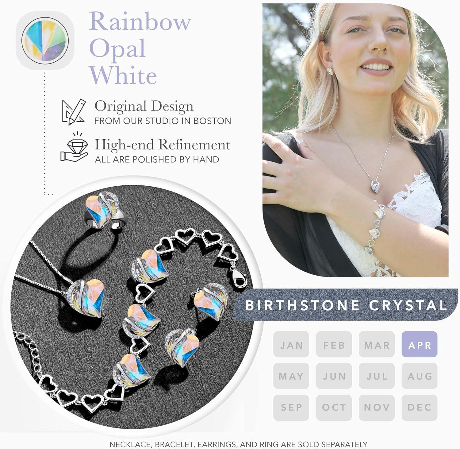 imageLeafael Infinity Love Heart Necklace Stud Earrings and Bracelet for Women April Birthstone Crystal Jewelry Silver Tone Gifts for Women Rainbow Opal White