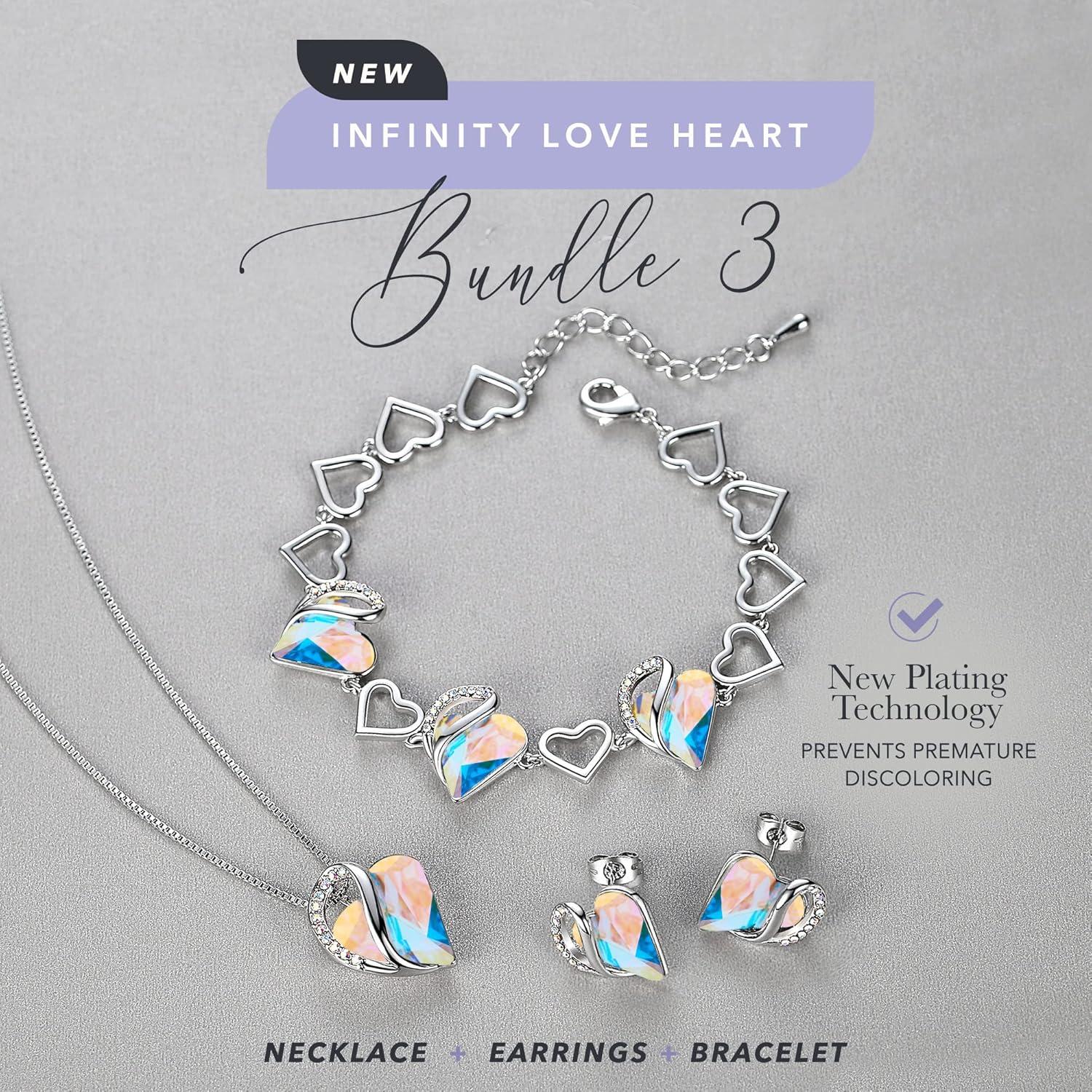 imageLeafael Infinity Love Heart Necklace Stud Earrings and Bracelet for Women April Birthstone Crystal Jewelry Silver Tone Gifts for Women Rainbow Opal White