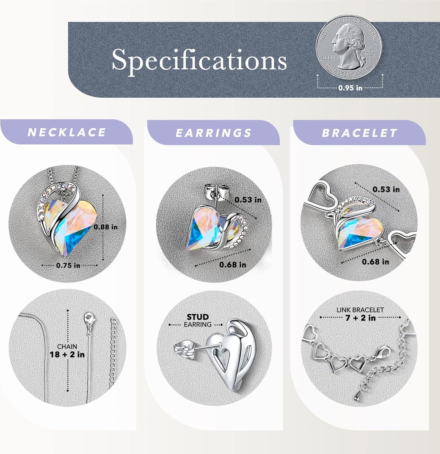 imageLeafael Infinity Love Heart Necklace Stud Earrings and Bracelet for Women April Birthstone Crystal Jewelry Silver Tone Gifts for Women Rainbow Opal White