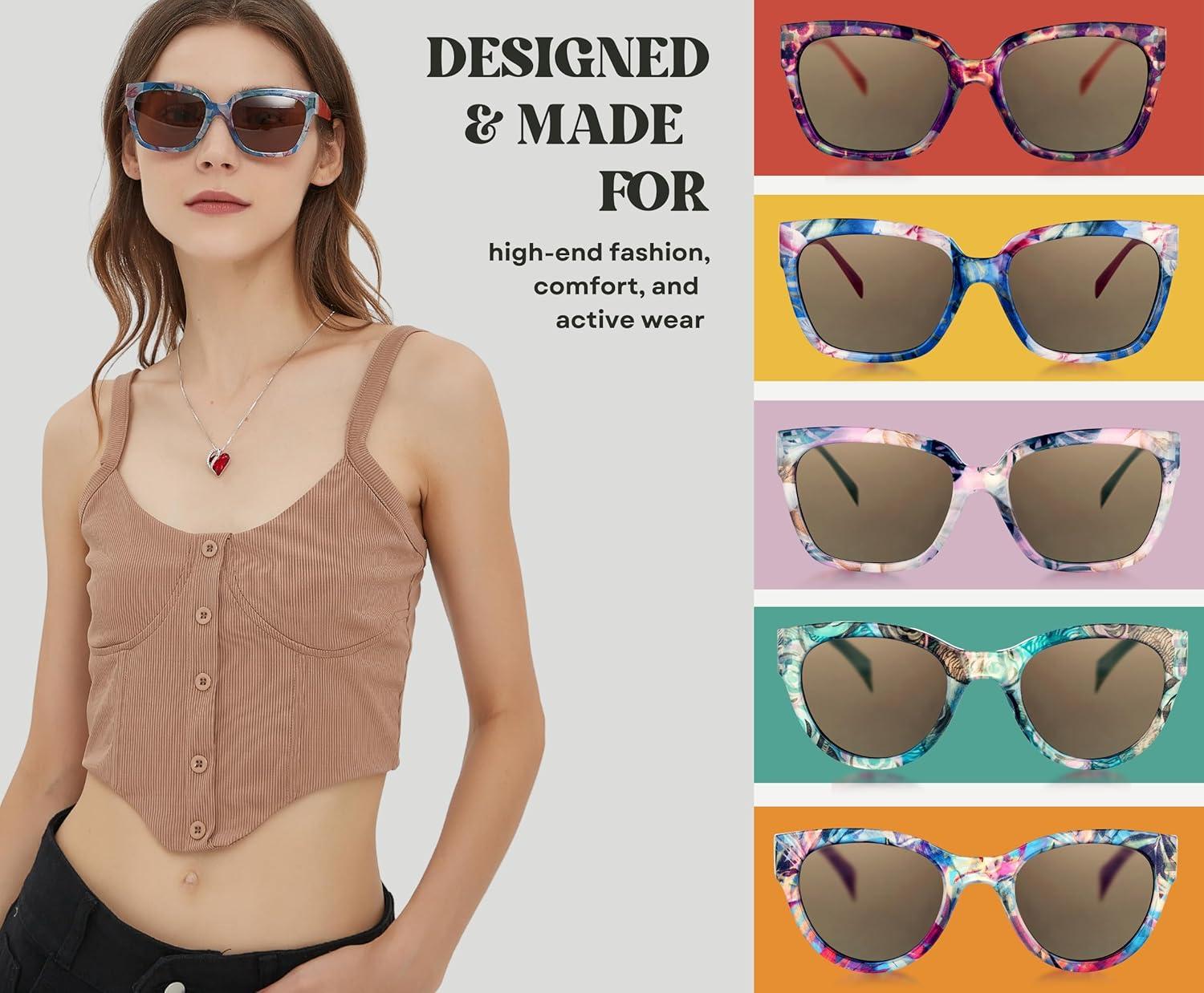 imageSunglasses Womens Trendy Retro Floral Design Polarized Lens UV Protection Square Cat Eye Frame Casual amp Active Wear02 Square Cat Eye Red Legs Rose Flower Print