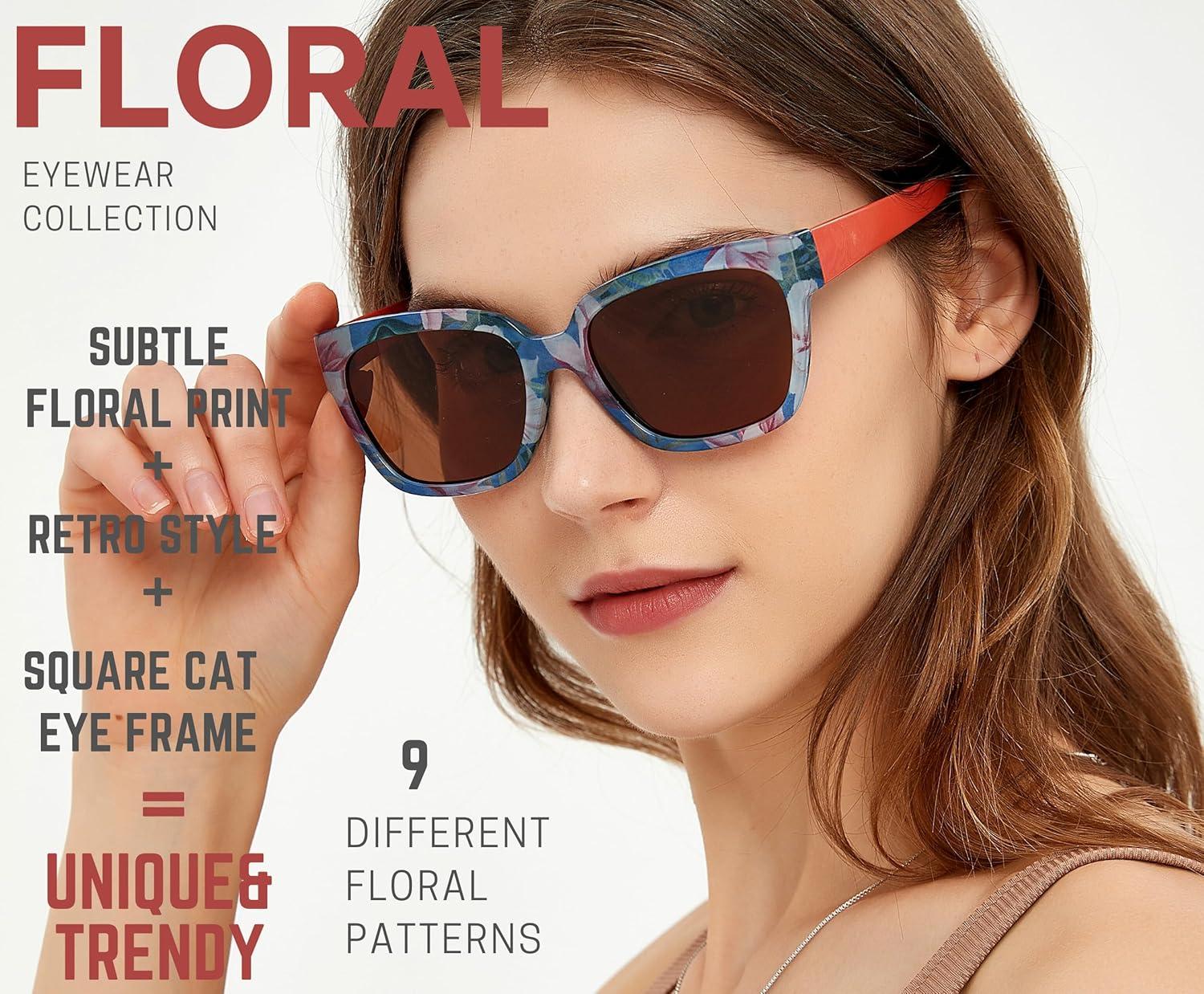 imageSunglasses Womens Trendy Retro Floral Design Polarized Lens UV Protection Square Cat Eye Frame Casual amp Active Wear02 Square Cat Eye Red Legs Rose Flower Print
