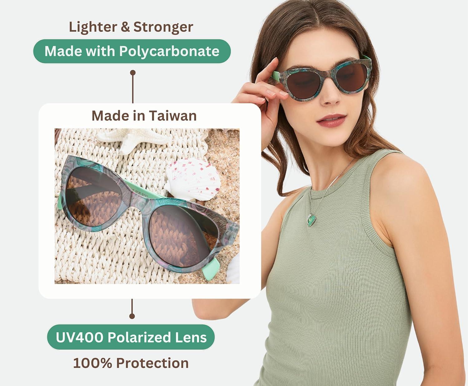 imageSunglasses Womens Trendy Retro Floral Design Polarized Lens UV Protection Square Cat Eye Frame Casual amp Active Wear03 Round Cat Eye Green Legs Modern Art Floral Print