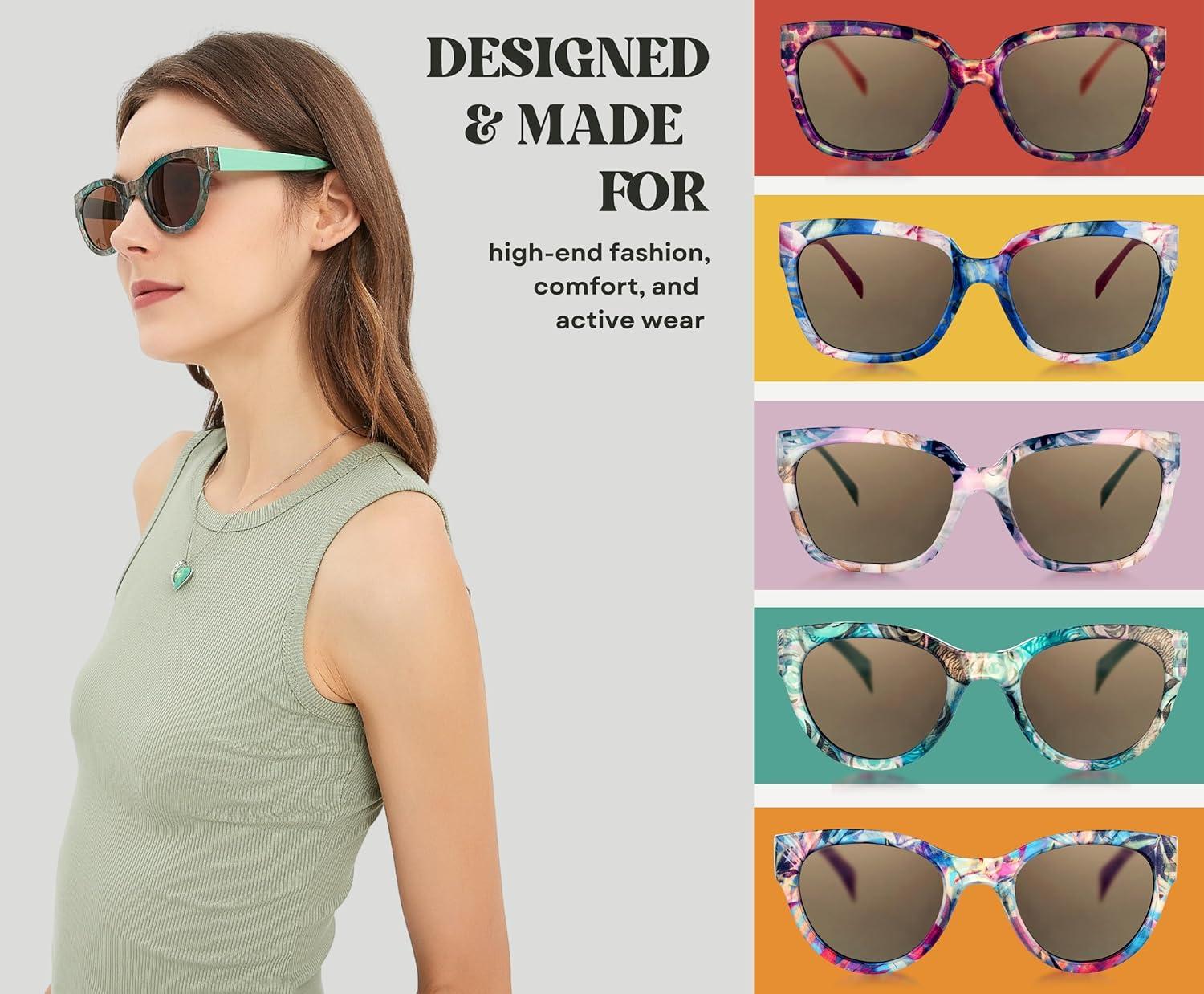 imageSunglasses Womens Trendy Retro Floral Design Polarized Lens UV Protection Square Cat Eye Frame Casual amp Active Wear03 Round Cat Eye Green Legs Modern Art Floral Print