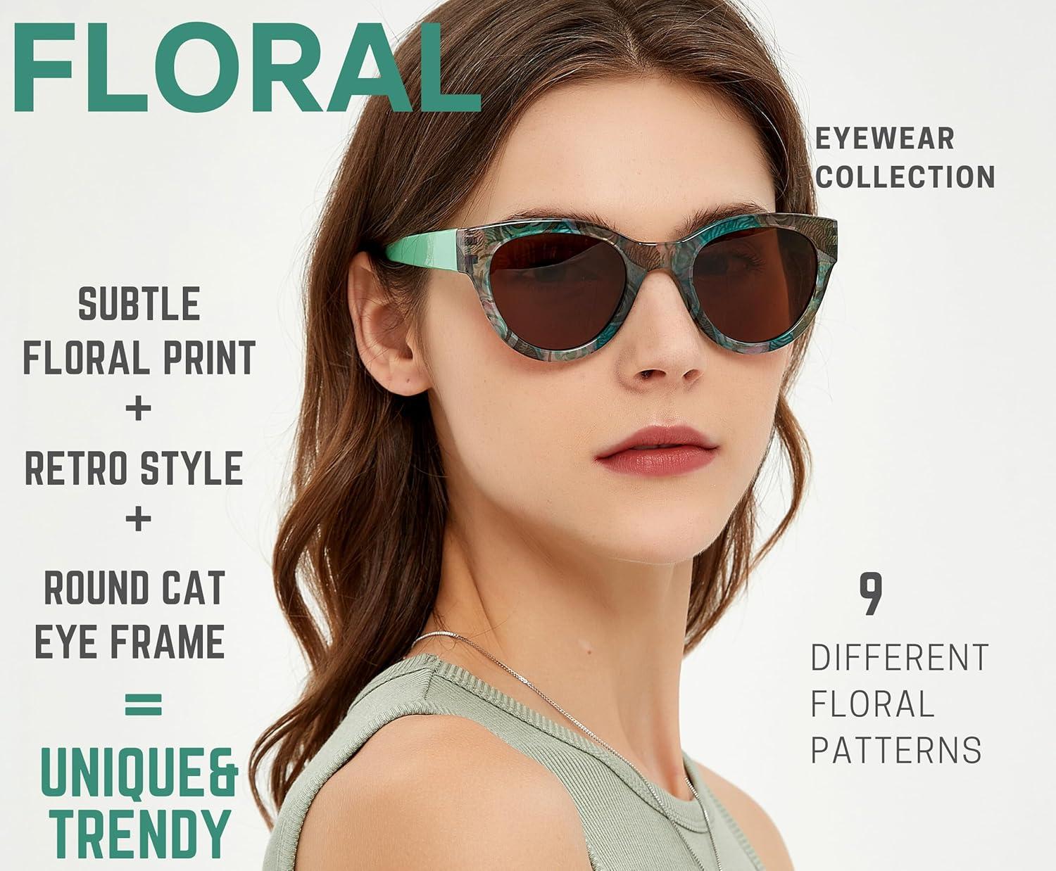 imageSunglasses Womens Trendy Retro Floral Design Polarized Lens UV Protection Square Cat Eye Frame Casual amp Active Wear03 Round Cat Eye Green Legs Modern Art Floral Print