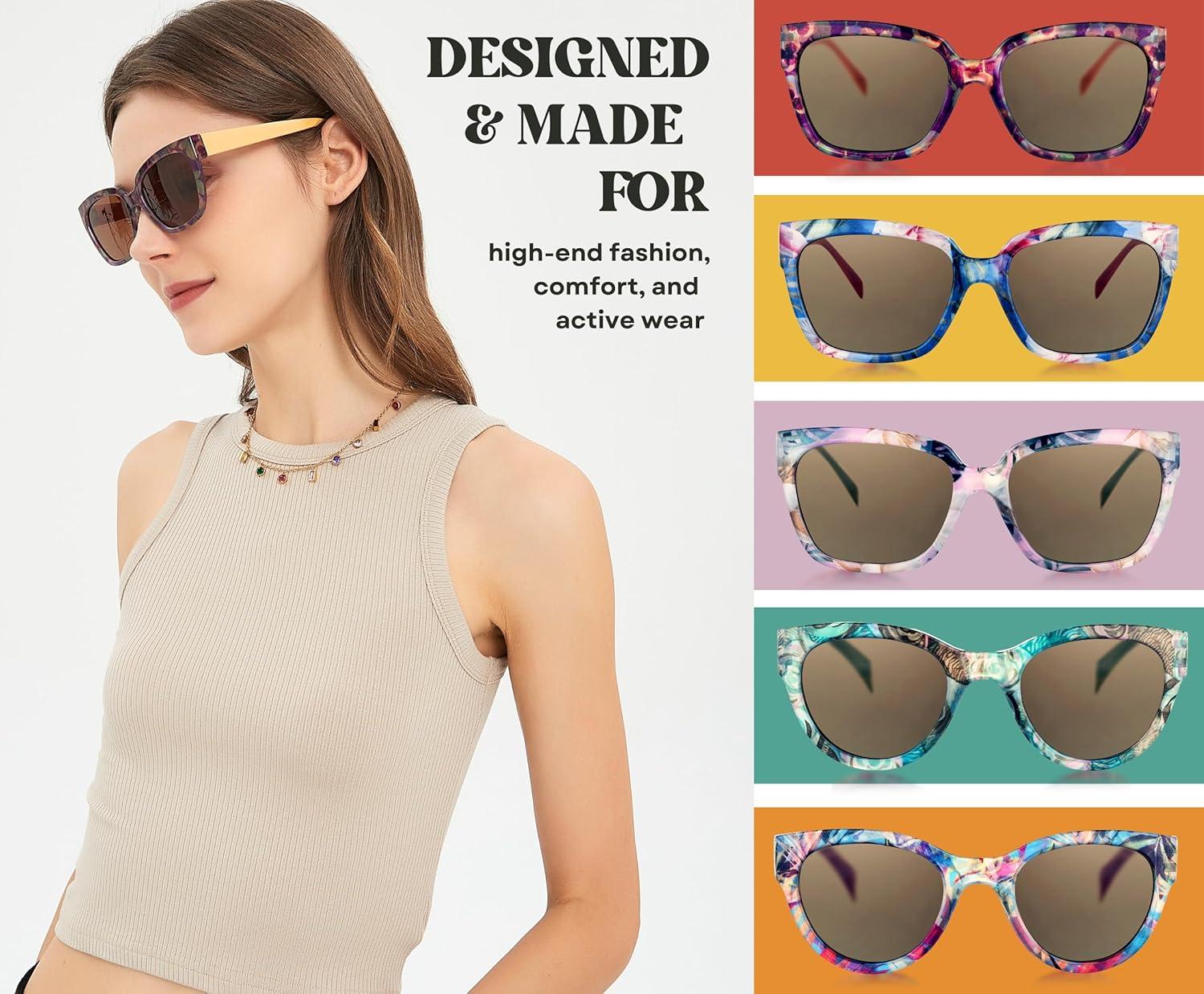 imageSunglasses Womens Trendy Retro Floral Design Polarized Lens UV Protection Square Cat Eye Frame Casual amp Active Wear05 Square Cat Eye Orange Legs Purple Floral Print