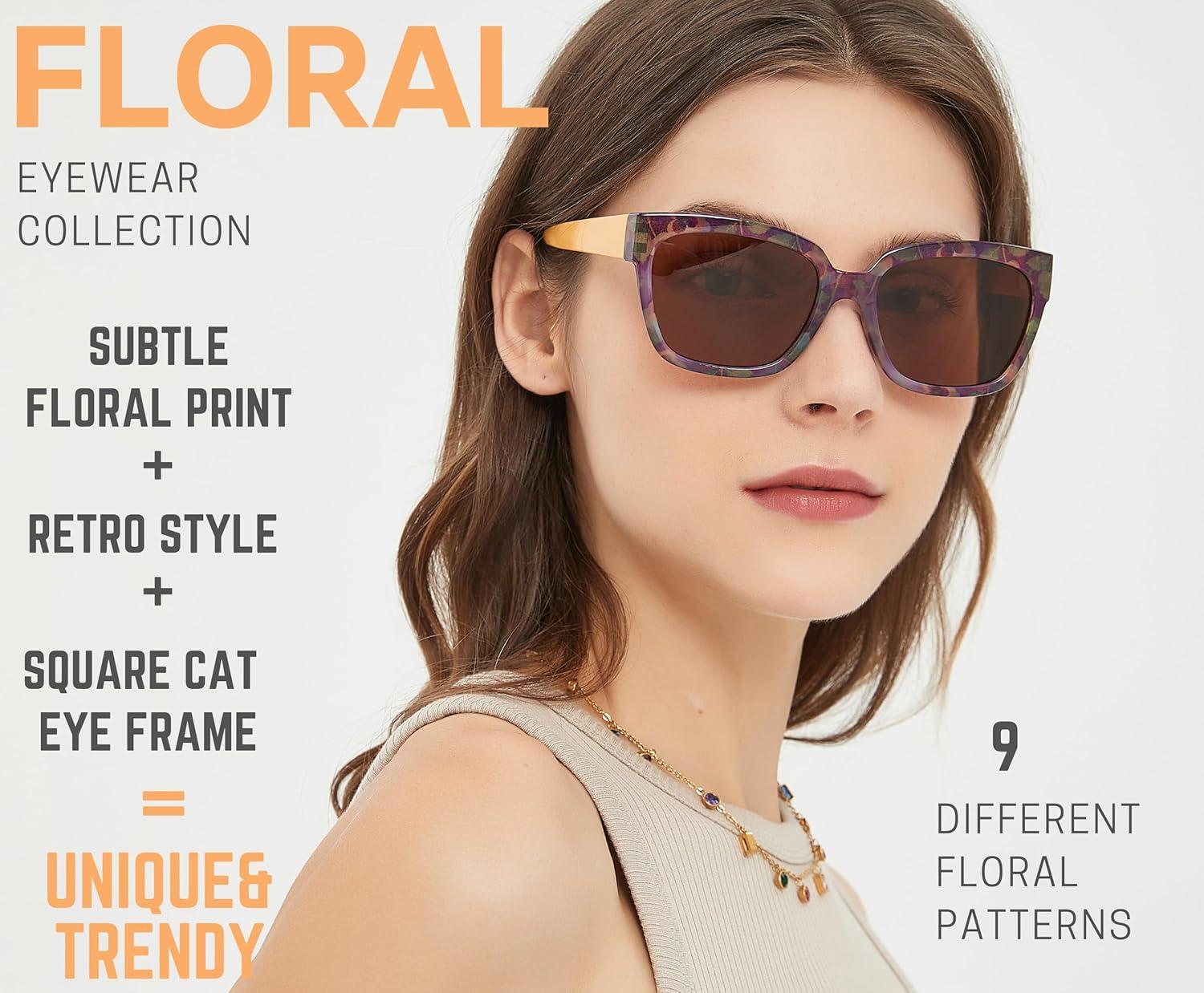 imageSunglasses Womens Trendy Retro Floral Design Polarized Lens UV Protection Square Cat Eye Frame Casual amp Active Wear05 Square Cat Eye Orange Legs Purple Floral Print