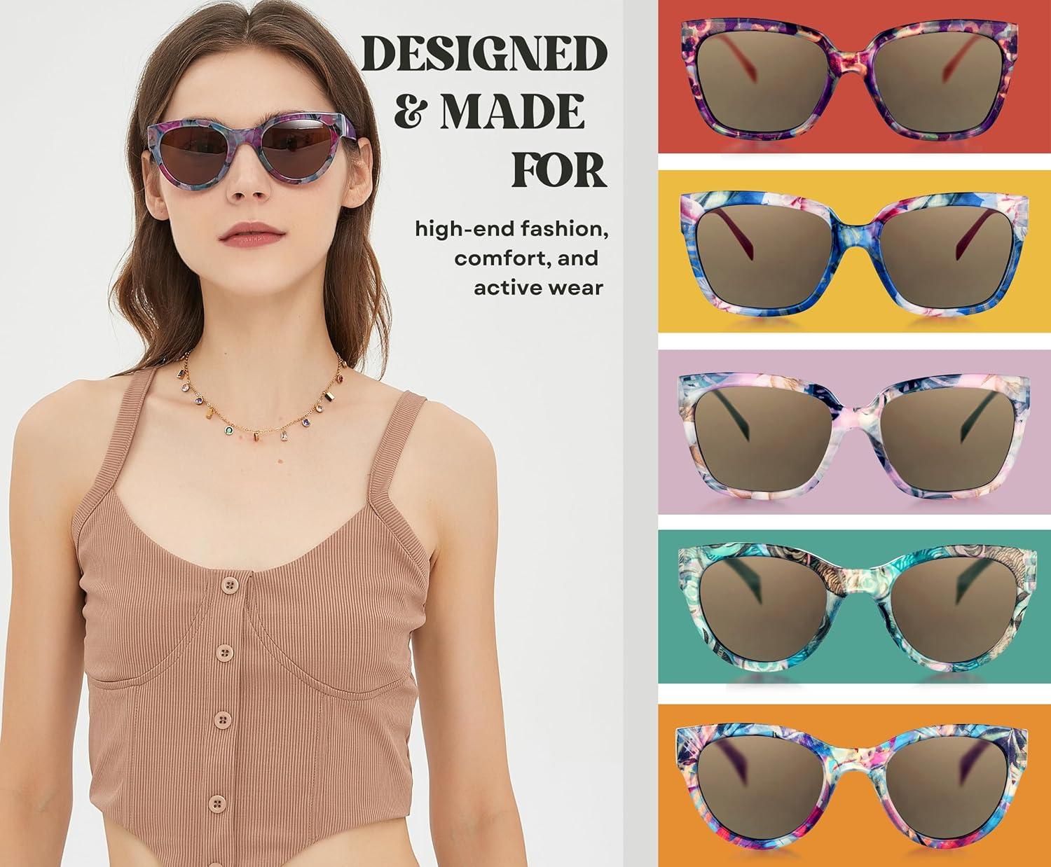 imageSunglasses Womens Trendy Retro Floral Design Polarized Lens UV Protection Square Cat Eye Frame Casual amp Active Wear06 Round Cat Eye Purple Legs Rose Flower Print