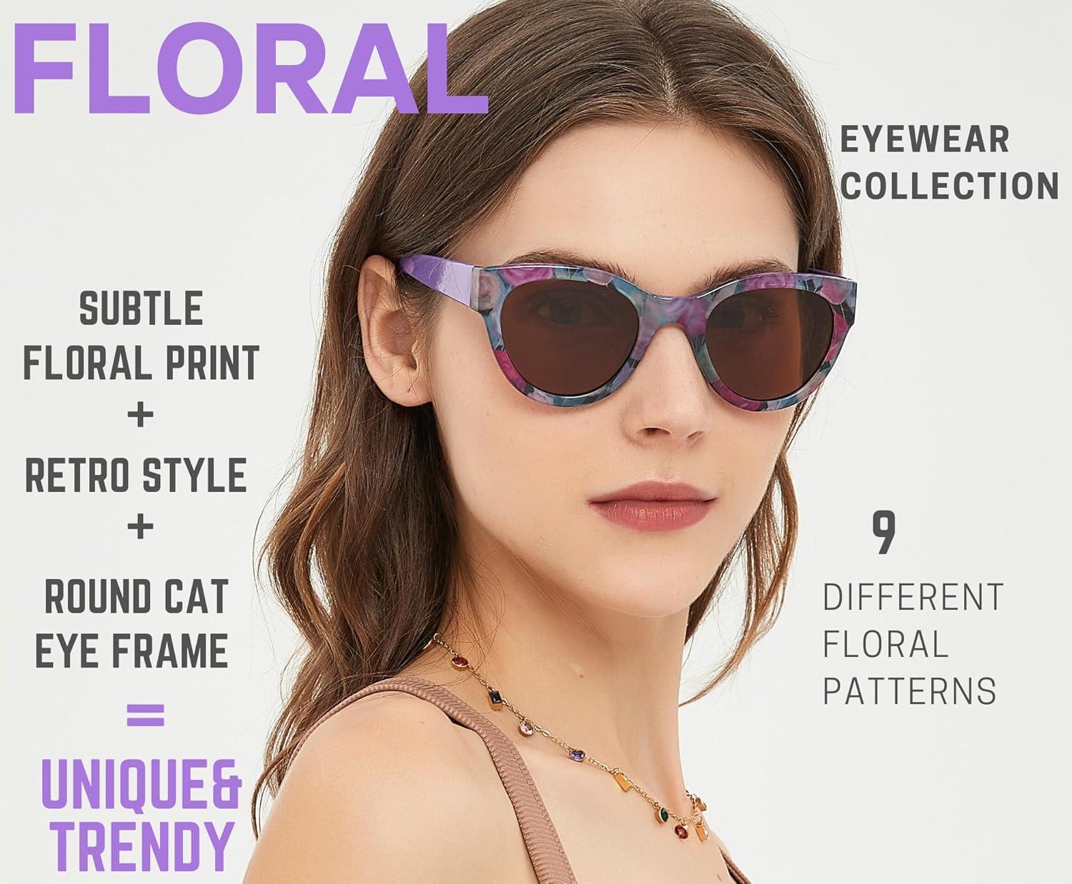 imageSunglasses Womens Trendy Retro Floral Design Polarized Lens UV Protection Square Cat Eye Frame Casual amp Active Wear06 Round Cat Eye Purple Legs Rose Flower Print