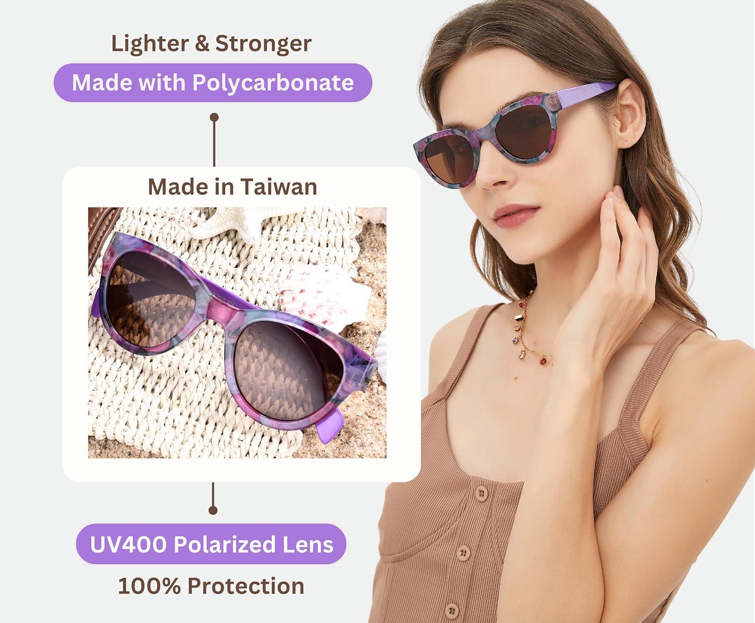 imageSunglasses Womens Trendy Retro Floral Design Polarized Lens UV Protection Square Cat Eye Frame Casual amp Active Wear06 Round Cat Eye Purple Legs Rose Flower Print
