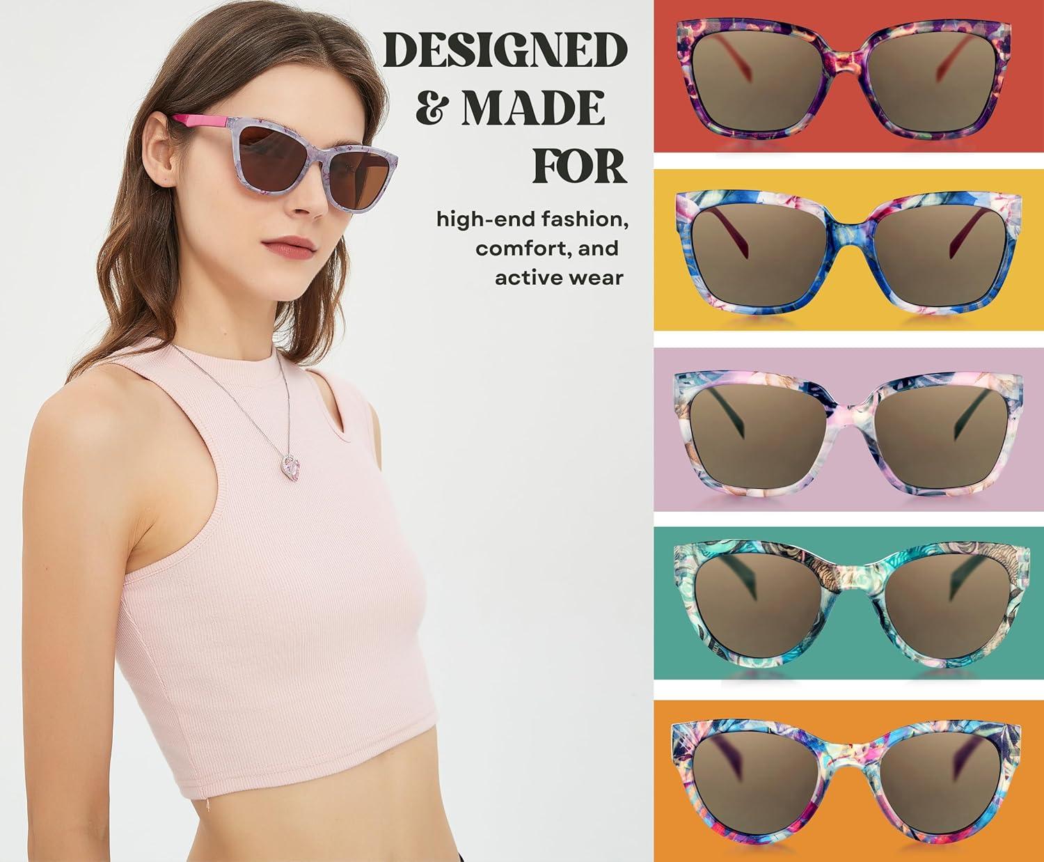 imageSunglasses Womens Trendy Retro Floral Design Polarized Lens UV Protection Square Cat Eye Frame Casual amp Active Wear08 Classic Cat Eye Pink Legs Daisy Floral Print