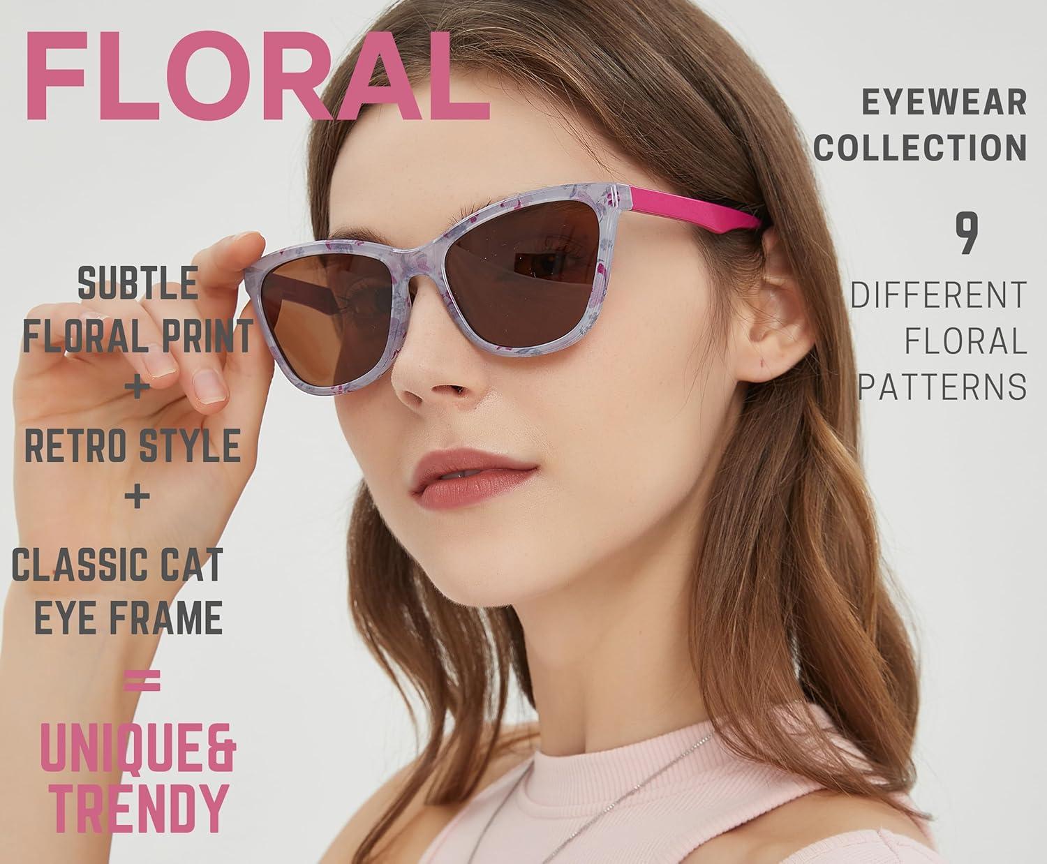 imageSunglasses Womens Trendy Retro Floral Design Polarized Lens UV Protection Square Cat Eye Frame Casual amp Active Wear08 Classic Cat Eye Pink Legs Daisy Floral Print